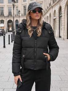 Women's Quilted Puffer Jacket With Detachable Hood, Zip Front And Side Pockets - Black - View 2