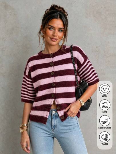 Autumn/Winter New Women's Round Neck Short Sleeve Colorblock Cardigan Knit Top, Pink And Brown Colorblock Striped, Wool Blend Knit Top, Daily Commute Work Outfit, Y2K Girly Retro Back To School Outfit, Halloween