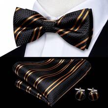 5Pcs Men Black Striped Bow Tie Pocket Square Cufflinks Ring Boutonniere Set, Cufflinks Pattern Random For Wedding Business Party - Black - View 5