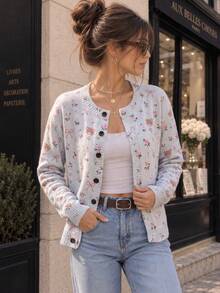Áo cardigan len nữ họa tiết gấu nơ hoa dễ thương, tay dài cài nút phía trước, áo len mặc layer thời trang thường ngày cho mùa thu đông, trang phục đi học - Xám - Xem 6