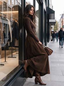 Women's Vintage Brown Corduroy Long Dress, High Waist Tie A-Line Flowy Maxi Dress, Autumn/Winter Holiday Outfit, Thanksgiving, Christmas, New Year - Coffee Brown - View 6