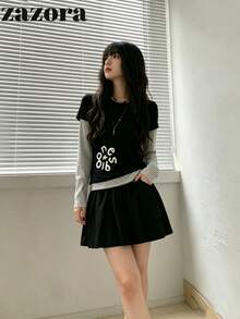 Kaos Lengan Panjang Patchwork Bergaris Gaya Korea 2 in 1 untuk Wanita, Potongan Longgar, Ramping, Serbaguna, Cocok untuk Musim Gugur - Hitam - View 10