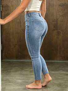 Women's Blue Skinny Jeans, Stretchy Distressed Sexy Ripped Denim, Y2K Retro Casual Style, Autumn/Winter - Blue - View 2