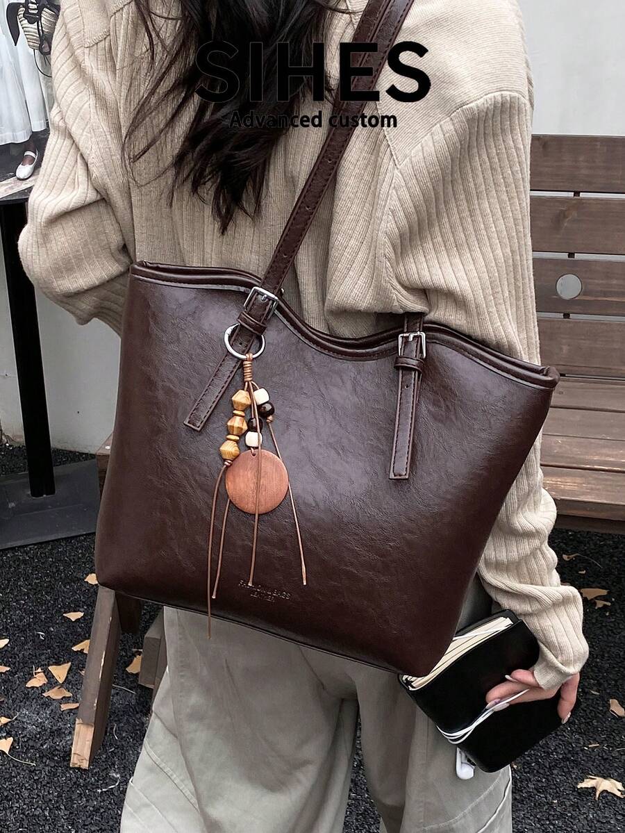 1pc Solid Color PU Leather New Women's Backpack, Fashionable Large Capacity Tote Bag, Zipper Closure, Dual Handles, Suitable For Commuting, Shopping, Dating, Outings