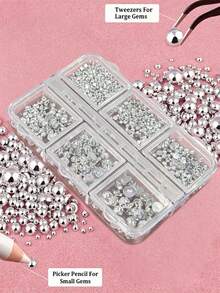 12-Piece 3D Silver Semi-Circular Pearl Nail Art Decoration Set, 2000 Flat Semi-Circular Pearl Nail Stickers, 6 Sizes Of Gold Semi-Circular Pearl Rhinestones, Suitable For Nail Art Design, DIY Crafts, Jewelry Making, Clothing And Shoe Decorations, And Nail Products. - Silver - View 4
