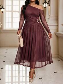 Elegant Plus Size Burgundy Asymmetrical Neck Maxi Dress For Women, Perfect For Formal Occasions And Fall Parties - Red - View 1