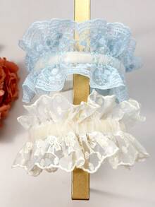 2pcs Lolita Pleated Headband Hair Accessories, Ultra-Wide Lace Minimalist Pleated Hairband For Daily Outfit Matching - Multicolor - View 3