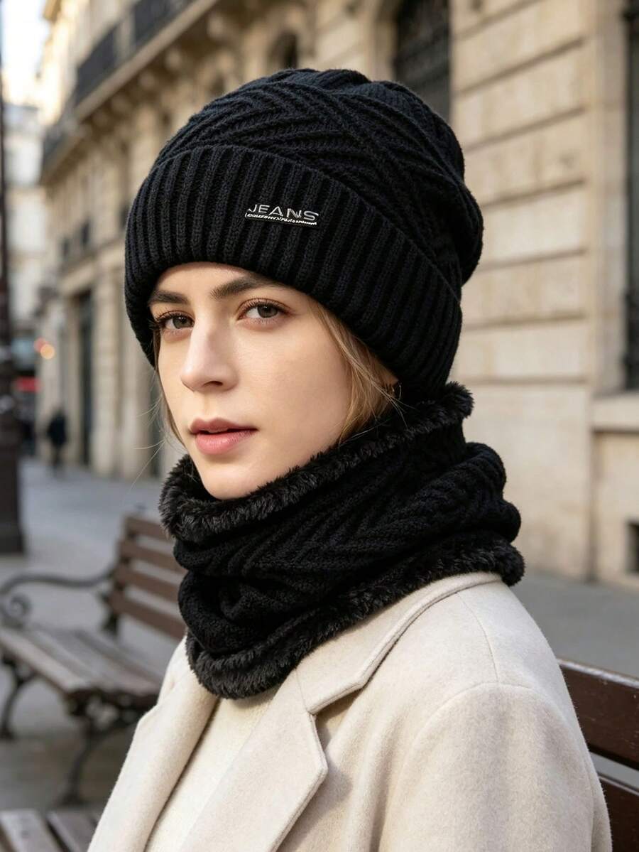 1 Set Autumn/Winter Thermal Lined Women's Knitted Hat, Ear Protection Warm Scarf, Fashionable Cold-Proof Ski Hat, Suitable For Daily Wear - A - View 1
