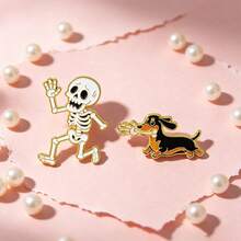 Skeleton & Dachshund Enamel Pins Set, Funny Running Skull And Sausage Dog Brooches For Backpack Jacket, Halloween Gothic Gift For Couples And Friends - Multicolor - View 8