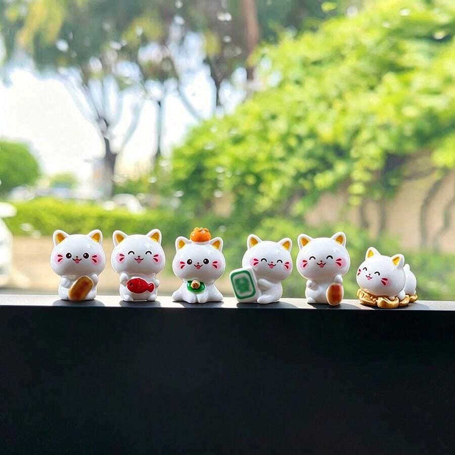 6pcs Creative Cute Lucky Cat Car Dashboard Desktop Ornament DIY Car Interior Office Desk Computer Screen Decoration Accessories Lucky Charm Gift - Lucky Cat - View 1