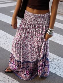 EARO Elegant Women's Plus Size Long Ditsy Floral Skirt, Non-Stretch Fabric, Flowy Fashionable Print, Suitable For Casual Daily Wear - Purple - View 3