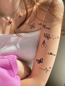 1 Sheet Ins Minimal Temporary Tattoo Stickers, Fine Line Butterfly Heart Paw Print & Cursive Quote Fake Tattoos, Romantic Tiny Body Art For Women, Waterproof Collarbone Decor - Multicolor - View 4