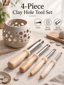 2/1sets Solid Wood Ceramic Clay Puncher, Pottery Drilling Tool, Wooden Handle Ceramic Puncher, DIY Soft Clay Punching Tool - Multicolor - View 2