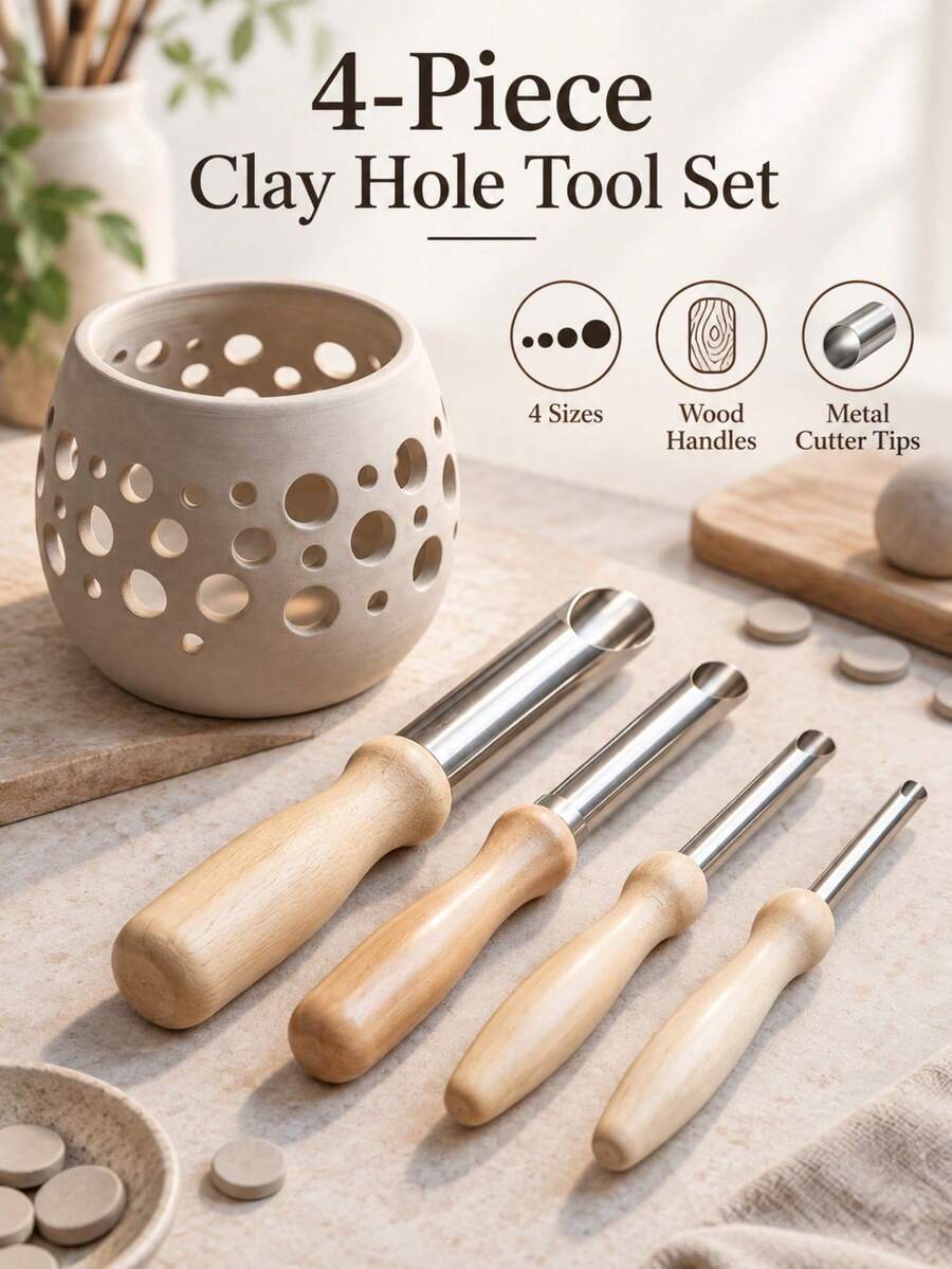 2/1sets Solid Wood Ceramic Clay Puncher, Pottery Drilling Tool, Wooden Handle Ceramic Puncher, DIY Soft Clay Punching Tool