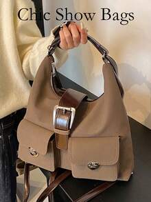 Fashionable Artificial Leather Retro Large Capacity Shoulder Bag, Multi Pocket Niche Design Contrasting Color Crossbody Bag, Suitable For Commuting. - Coffee - View 3