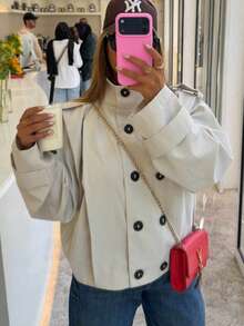 Women's Solid Color Fabric Front Button Jacket, College Style, Daily, Airport, Travel, Autumn/Winter - Apricot - View 11
