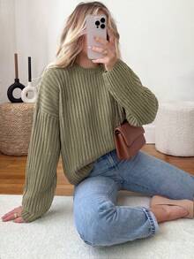 Women's Casual Ribbed Pullover Knit Sweater, Long Sleeve Basic Top For Fall Winter Daily Commute Outfits Basic Blouses Going Out Outfits - Olive Green - View 8