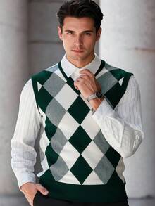 ALTZTAR Men's Knitted Casual Contrast Color Sleeveless Sweater Vest - Green - View 1