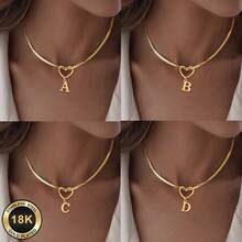 1pc New Classic Letter Hollow Heart Pendant Necklace, Unisex Gold-Tone Chain Letter Necklace, Birthday Gift Jewelry - Gold - View 5