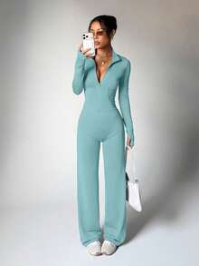 2pcs Set Purple Zipper Slim Fit Long Sleeve Top + Flowy Wide Leg Pants Yoga Outfit - Cadet Blue - View 6