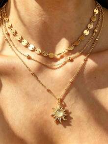 3pcs Exquisite Sun Pendant Necklace Set With Disc And Bead Chain, Multi-Layer Wearable Women's Daily Fashion Jewelry (Bead Quantity Random) - Gold - View 7