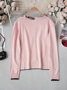 Pink Slouchy Sweet Tie-Knit Sweater Women Autumn/Winter Inner Layer Petite Unique Pretty Outerwear Top - Pink - View 9
