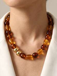 1pc Fall Decor Chunky Amber Acrylic Beaded Necklace, Vintage Barrel Bead Statement Collar Necklace For Women, Fall Fashion Jewelry - Necklace-7103 - View 4