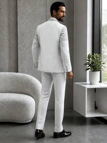 Spring Autumn Men's Rhinestone Suit Jacket & Pants Set Casual Fashion Design Everyday Wear Two Pieces Outfit - White - View 5