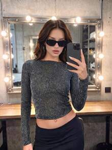 SUNSTORY Women's Autumn Shiny Silver Metallic Cold Shoulder Short Fitted Long Sleeve Top, Suitable For Party, Disco, Date, Outing - Dark Grey - View 2