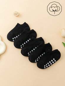 5 Pasang Kaos Kaki Bayi Katun Polos Berbentuk Hati Anti Selip, Kaos Kaki Bayi Baru Lahir yang Nyaman dan Bernapas - Hitam - View 4