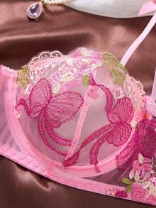 1 Set Of 2-Piece Women's Pink Embroidered Floral Everyday Lingerie Set, Featuring A Semi-Transparent, Comfortable, And Elegant Short Top With A Thong - Pink - View 3