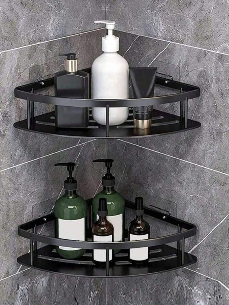 1 Estante de esquina, estante de almacenamiento para baño y cocina, estante de almacenamiento para baño sin perforaciones, estante de almacenamiento triangular para baño y cocina montado en la pared. - Negro - Ver 1