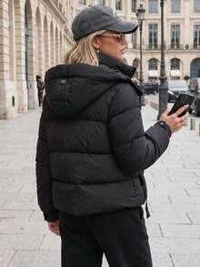 Women's Quilted Puffer Jacket With Detachable Hood, Zip Front And Side Pockets - Black - View 3