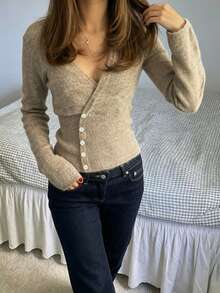 Women's Khaki Knit V-Neck Button Decor Pullover Sweater, Autumn/Winter - Khaki - View 6