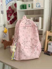 Star Print Nylon Backpack For Girls, Large Capacity Student School Bag With Multiple Compartments, Suitable For Elementary, Middle And High School Students, Commuting, Travel, Shopping, Campus Casual, Cute Backpack With Cute Pendant, Multiple Colors Available - A - View 7