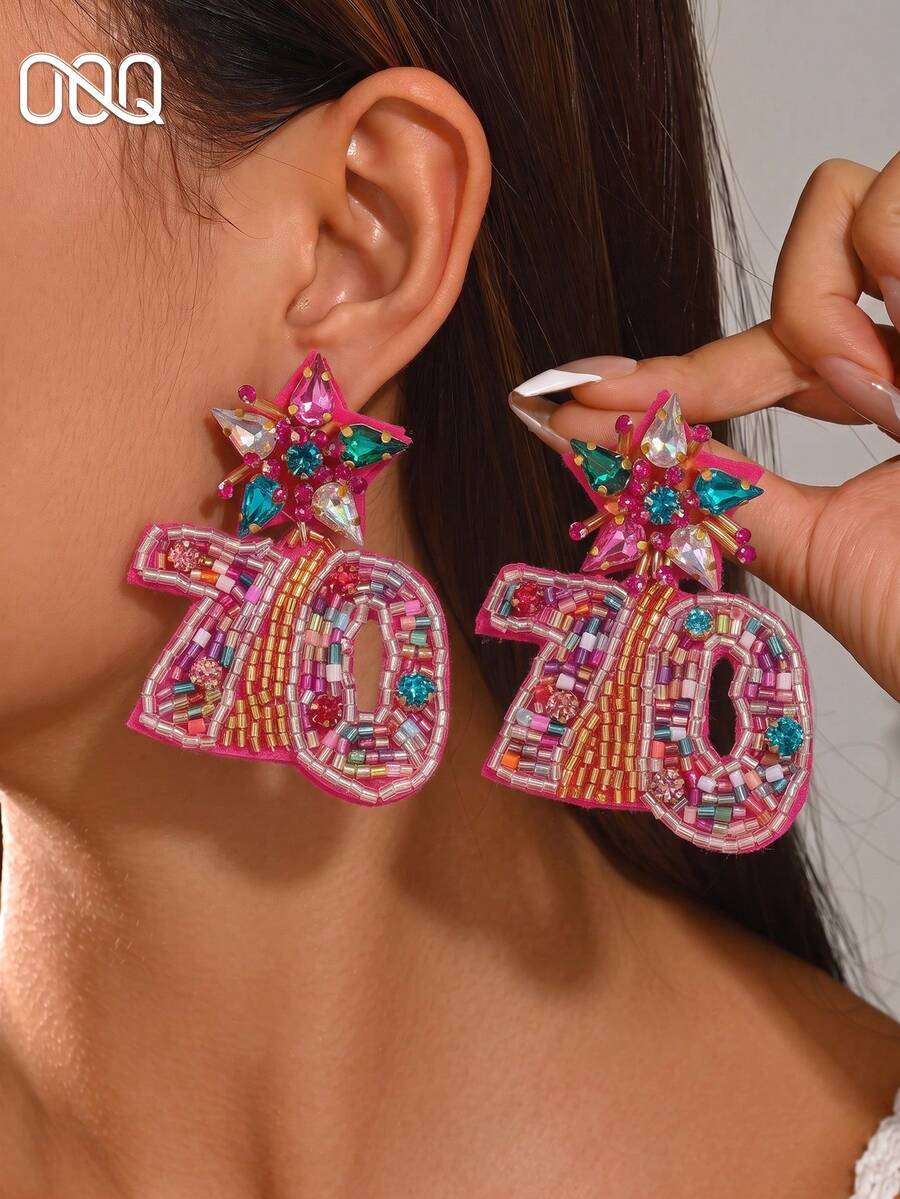 OOQ 1 Pair Party Style Rose Red 3D Number Design Rice Bead Women Fashion Earrings Exaggerated High-End Handmade Jewelry Suitable For Party Carnival Holiday Ball Party Wear (Handmade Rice Bead Color Quantity Position Random) - Color 70 - View 1