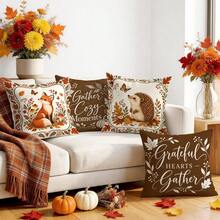 4pcs/1pc Autumn Fox & Hedgehog Animal Pattern Pillow Case, Single-Sided Print Pillow Case, Suitable For Living Room, Bedroom, Home Decor, All Season Pillow Case - Multicolor - View 1