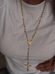 Women's Christian Long Beaded Necklace, Virgin Mary Jesus Cross Pendant Fashion, Gold And Silver Tone, Christmas Gift - Gold - View 1