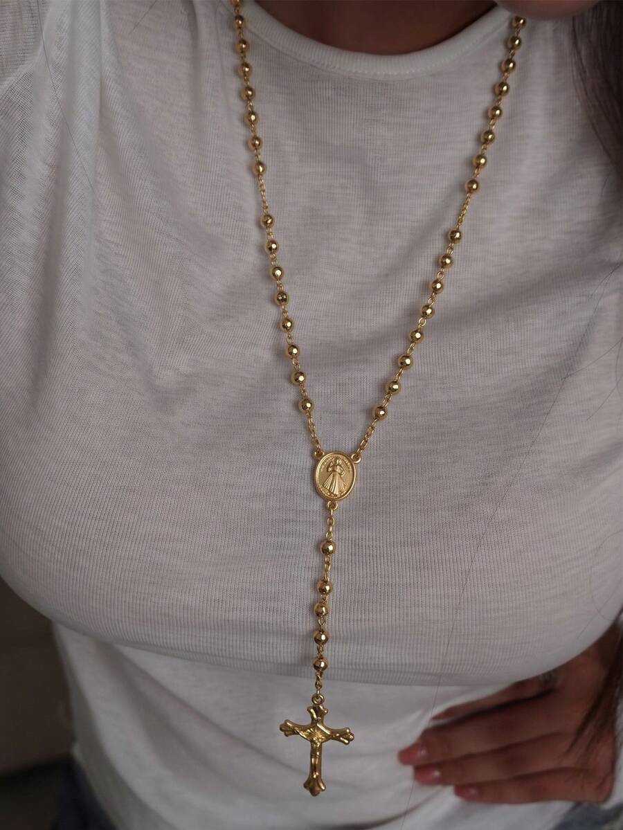 Women's Christian Long Beaded Necklace, Virgin Mary Jesus Cross Pendant Fashion, Gold And Silver Tone, Christmas Gift - Gold - View 1