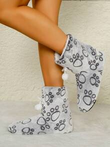 Women's Comfortable Soft Indoor Ankle Boots Slippers; Paw Print Pattern, Cute Pom Pom Design, Thick Plush Warmth, Winter Couple Style Casual Home Activity Gift Essential; - Grey - View 1