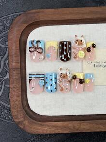 10pcs/Set Y2K Nails Handmade, Cute Nails, Pink Nails, 3D Kitten Pattern Nails & 3D Button Nails, Brown Stripe Nails, Perfect For Parties & Daily Wear. Square Nails. Handmade Press On Nails Square, Short Nails, Fake Nails, Handmade Nails, Fall Nails - Multicolor - View 1