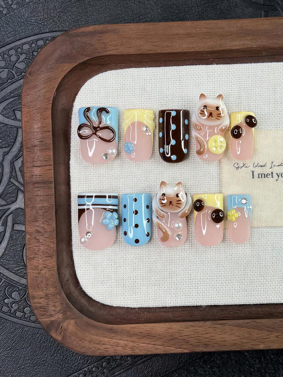 10pcs/Set Y2K Nails Handmade, Cute Nails, Pink Nails, 3D Kitten Pattern Nails & 3D Button Nails, Brown Stripe Nails, Perfect For Parties & Daily Wear. Square Nails. Handmade Press On Nails Square, Short Nails, Fake Nails, Handmade Nails, Fall Nails - Multicolor - View 1