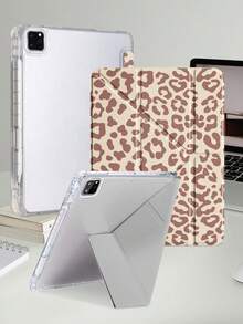 1pc Yellow Coffee Leopard Print Tablet Case Compatible With IPad Mini6/7/10.2/10.5/10.9(Air4-Air8)/Pro 11/10th Gen/A16/Pro 11 2024 Models, Painted Pattern Tablet Case, Fully Transparent Acrylic Back Shell, Silk Texture 8-Fold Stand, Auto Sleep/Wake, Built-In Pen Slot, Pen Not Included, Some Models With Camera Frame - Multicolor - View 5