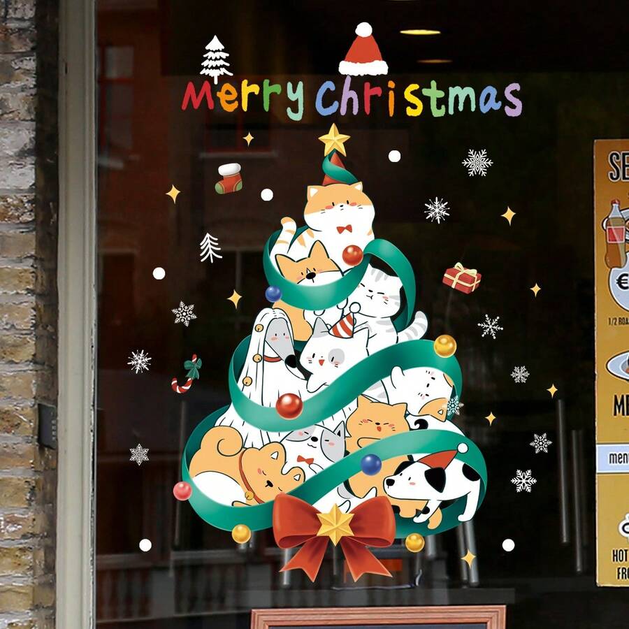 1pc Christmas Tree Glass Window Removable Holiday Sticker, Santa Claus & Deer Mall Christmas Decoration Detachable Wall Decal - SDJ-34110 - View 1