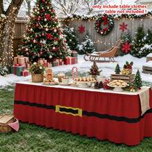 "Commodity" 1pc Christmas Table Skirt, Red Background With Black Belt And Gold Buckle Pattern Table Skirt, Suitable For Kitchen Table Decoration, Restaurant Layout, Picnic Camping Scene, Party Atmosphere To Create A Table Skirt. - 1 - View 9