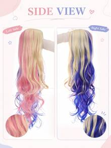 24 Inch Long Wavy Curly Multi-Color Blue, Pink, Gold Cosplay Wig With Side Bangs, Middle Part Synthetic Cosplay Wig For Halloween, Music Festival, Costume Party, Role Play ﻿ - Multicolor - View 7
