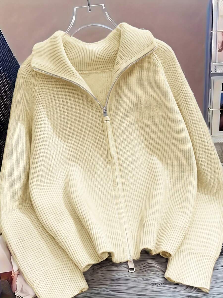 女款拉鍊開襟衫 中東風大廓形羅紋針織毛衣 柔軟長袖休閒外套 適合新年派對、返校季、萬聖節