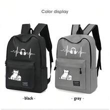 A Printed Backpack With Minimalist Design, Featuring Soundwave Headphones And Music-Listening Cat Print, Unisex Campus Backpack Suitable For Work Commute, Travel, Shopping, And Daily Use, Large Capacity Essential For Your Outings - Backpack - View 10