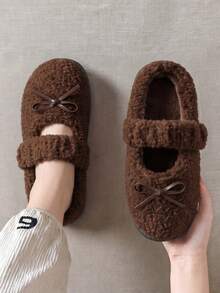 Ballet Style Bowknot Strap Exposed Instep Exquisite Fluffy Women's Home Fun Slippers, Loafer Style Women's Winter Slippers Indoor Slippers Bedroom Slippers Fashion Versatile Wearable - Dark Brown - View 6