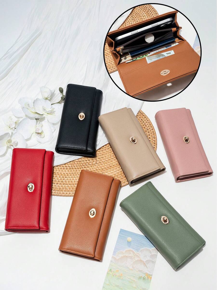 CHARM INFINITE Dompet Clutch Panjang Wanita dari Kulit Sintetis, Dompet Lipat dengan Kunci Putar Bertekstur Leci, Kapasitas Besar dengan Banyak Slot Kartu, Kompartemen Uang Kertas dan Kantong Dalam Berresleting, Muat Ponsel, Tas Tangan Harian Warna Polos, Hadiah Ulang Tahun dan Liburan Praktis untuk Anak Perempuan